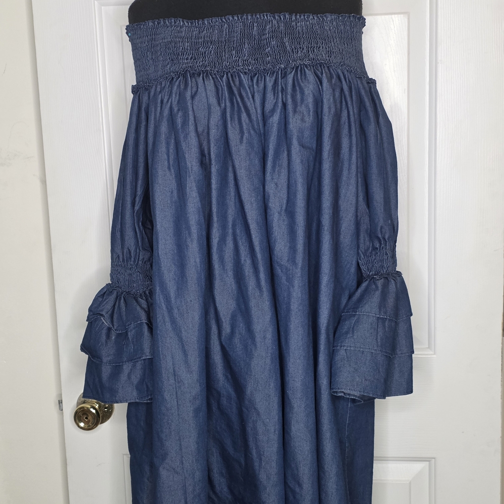 Denim Blue Off-Shoulder Smocked Waist Maxi Skirt